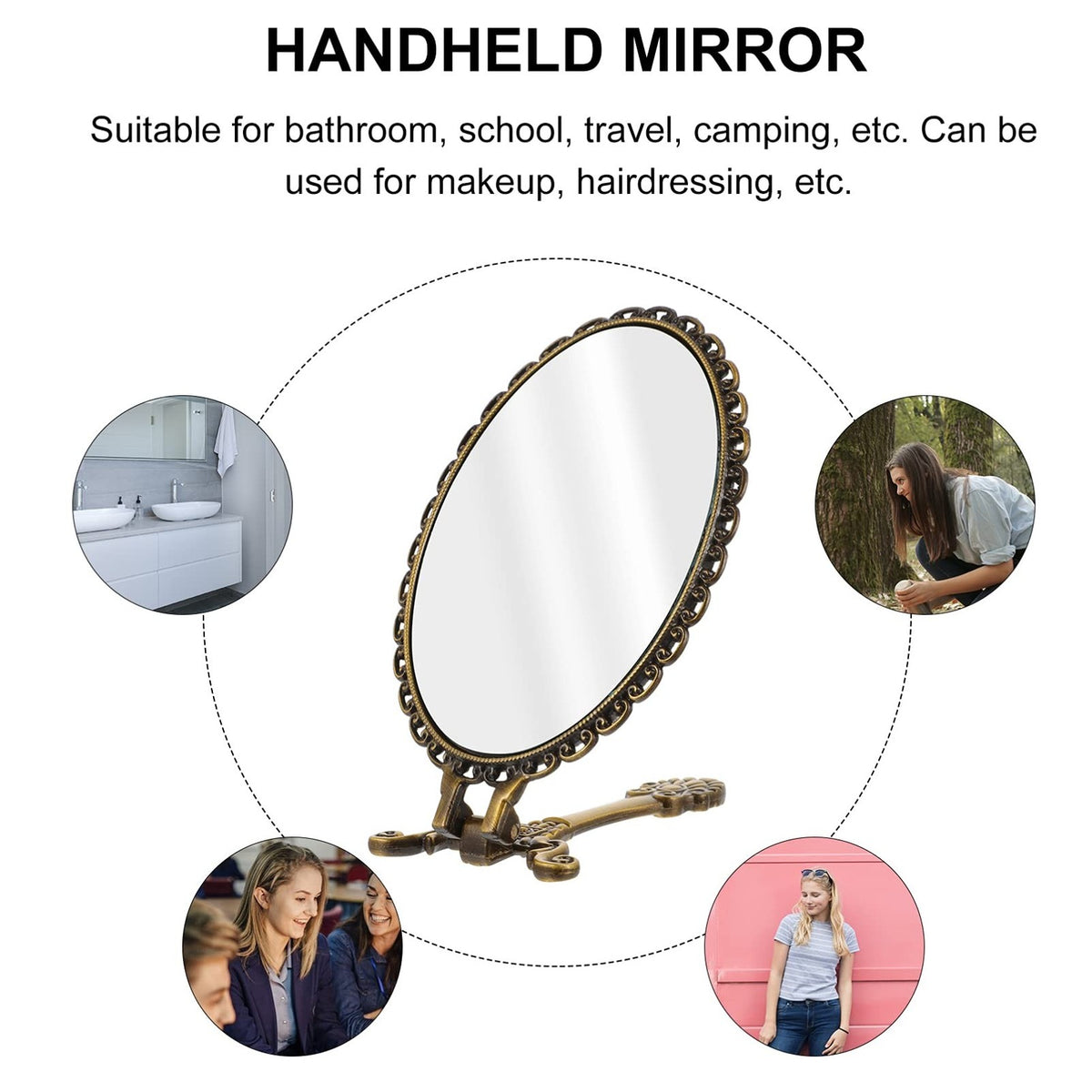 Vintage Foldable Handheld Mirror - Metal Makeup & Travel Mirror, Oval, Coffee
