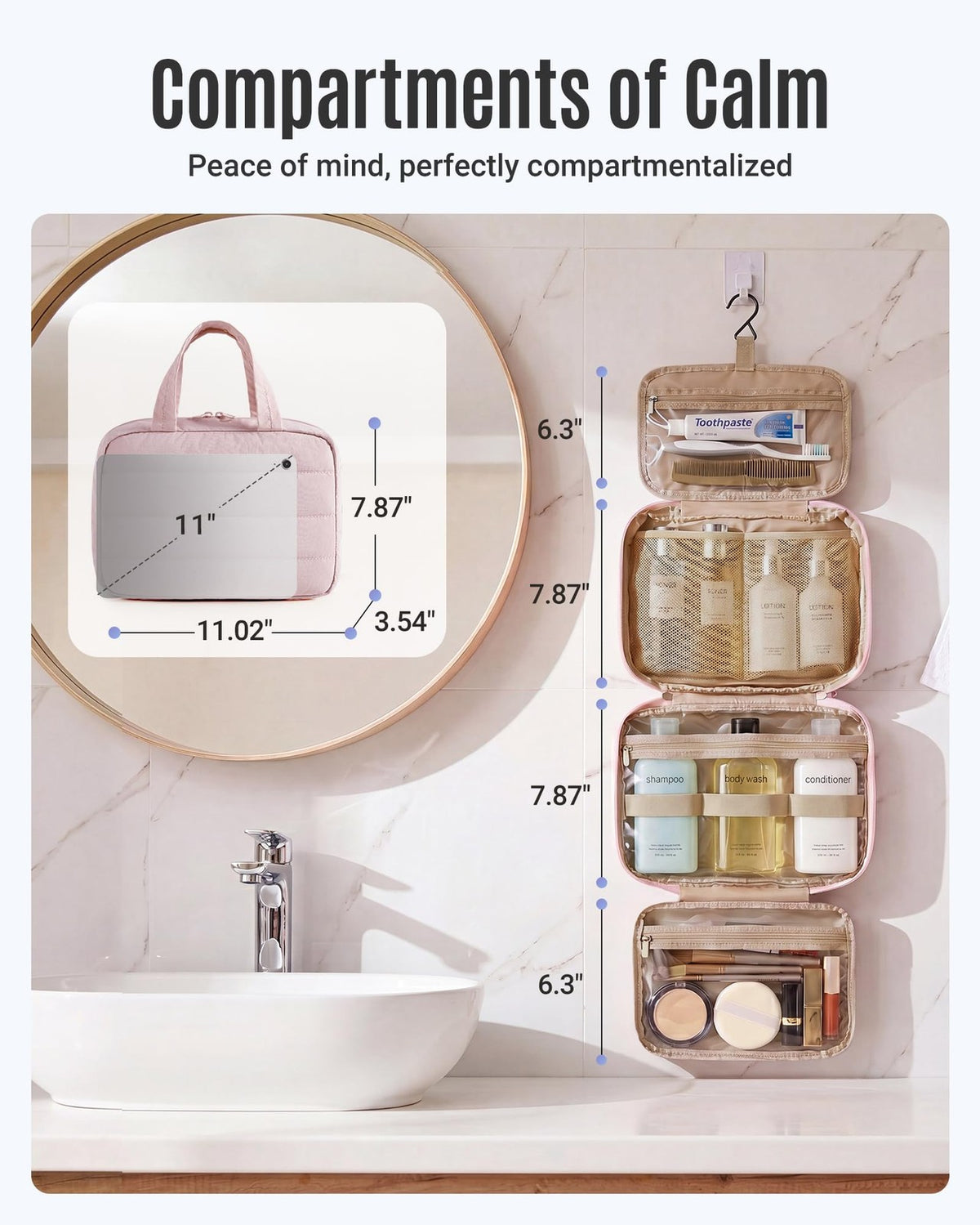 Travel Toiletry Bag with Hanging Organizer and Water-Resistant Fabric
