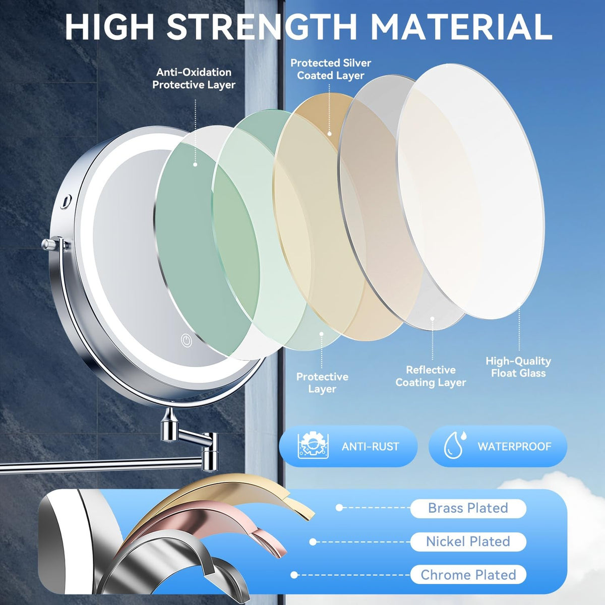 10-Inch Wall Mounted Lighted Makeup Mirror with 30X Magnification and Rechargeable LED