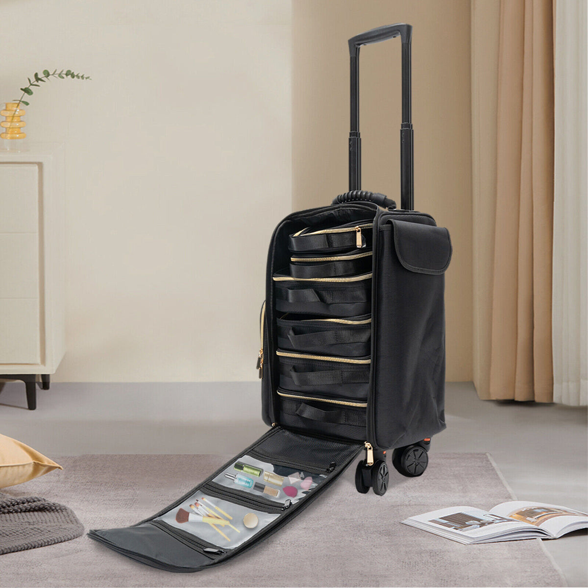 Rolling Makeup Case with Multiple Storage Compartments for Professionals