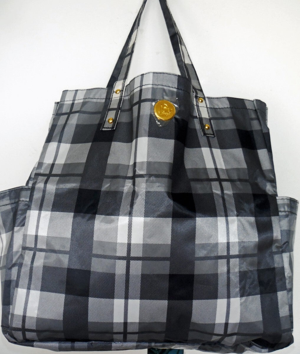 Oversized RFID Recycle Tote Bag with Water-Resistant Polyester - Black/White Plaid