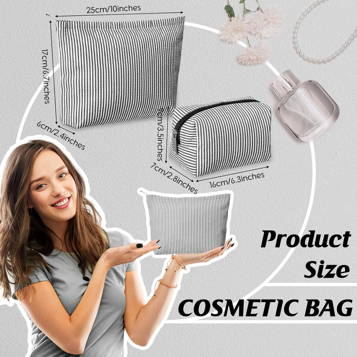 2-Piece Makeup Bag Set with Seersucker Material and Colorful Stripes - Travel Cosmetic Pouches for Women