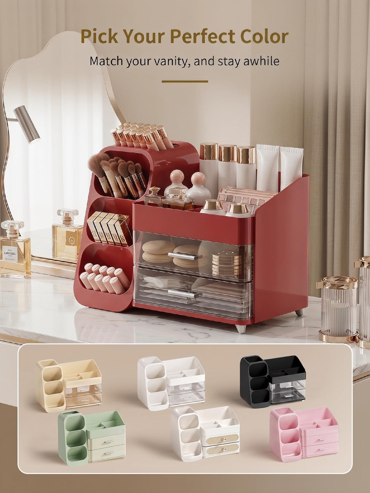 Red Makeup Organizer with Drawers, Large Capacity Vanity Storage Case