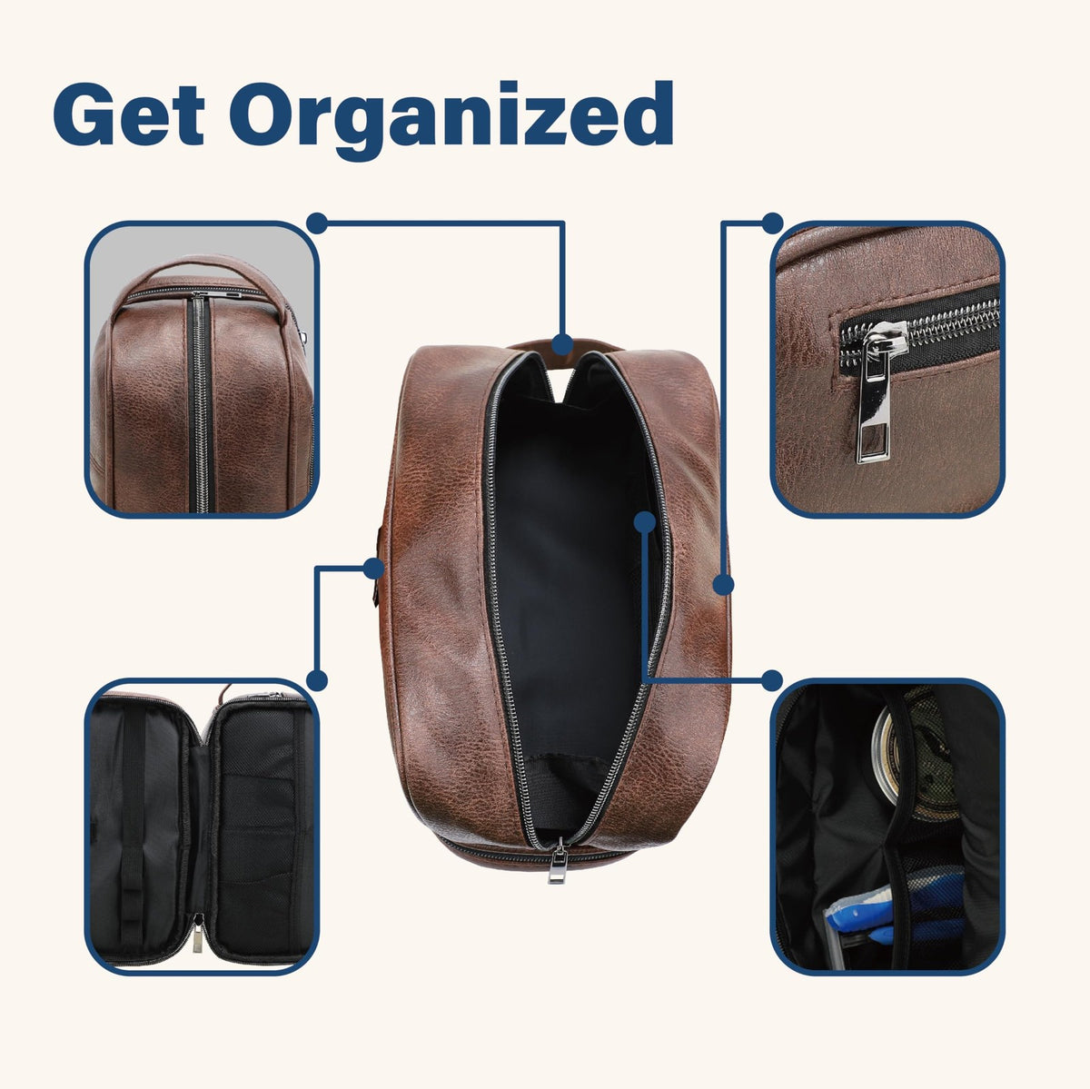 Leather Travel Toiletry Bag for Men & Women Water Resistant Organizer