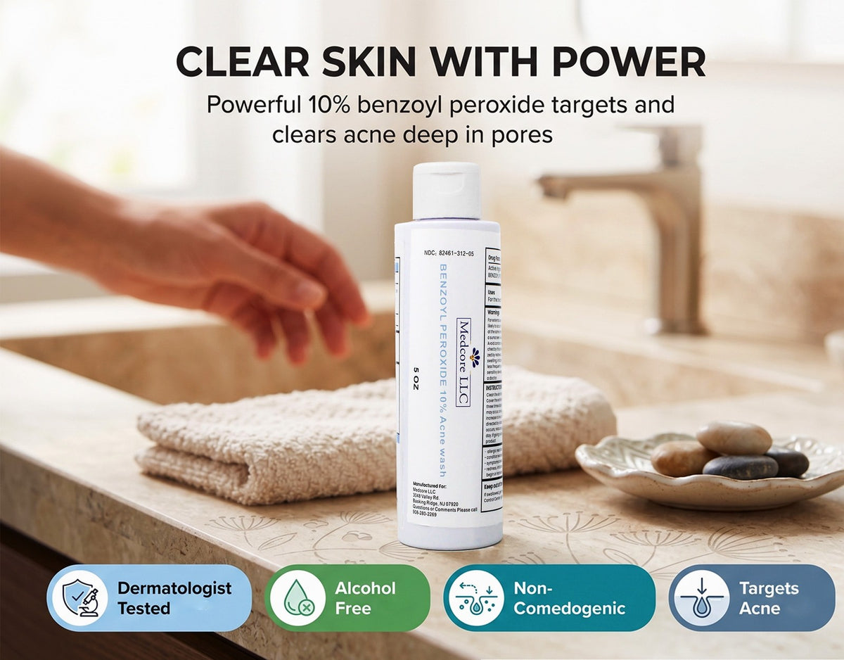 Medcore Benzoyl Peroxide 10% Acne Wash - 5 oz, Acne Treatment Pack of 5