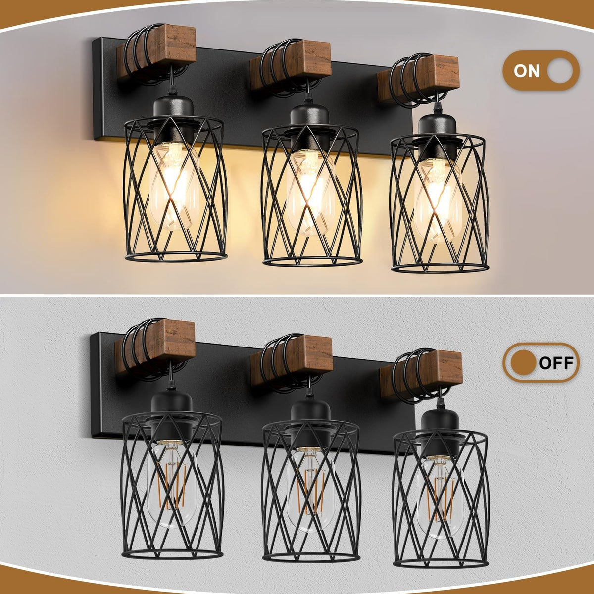 3-Light Farmhouse Vanity Light Fixture for Bathroom & Bedroom - Black Wood and Metal