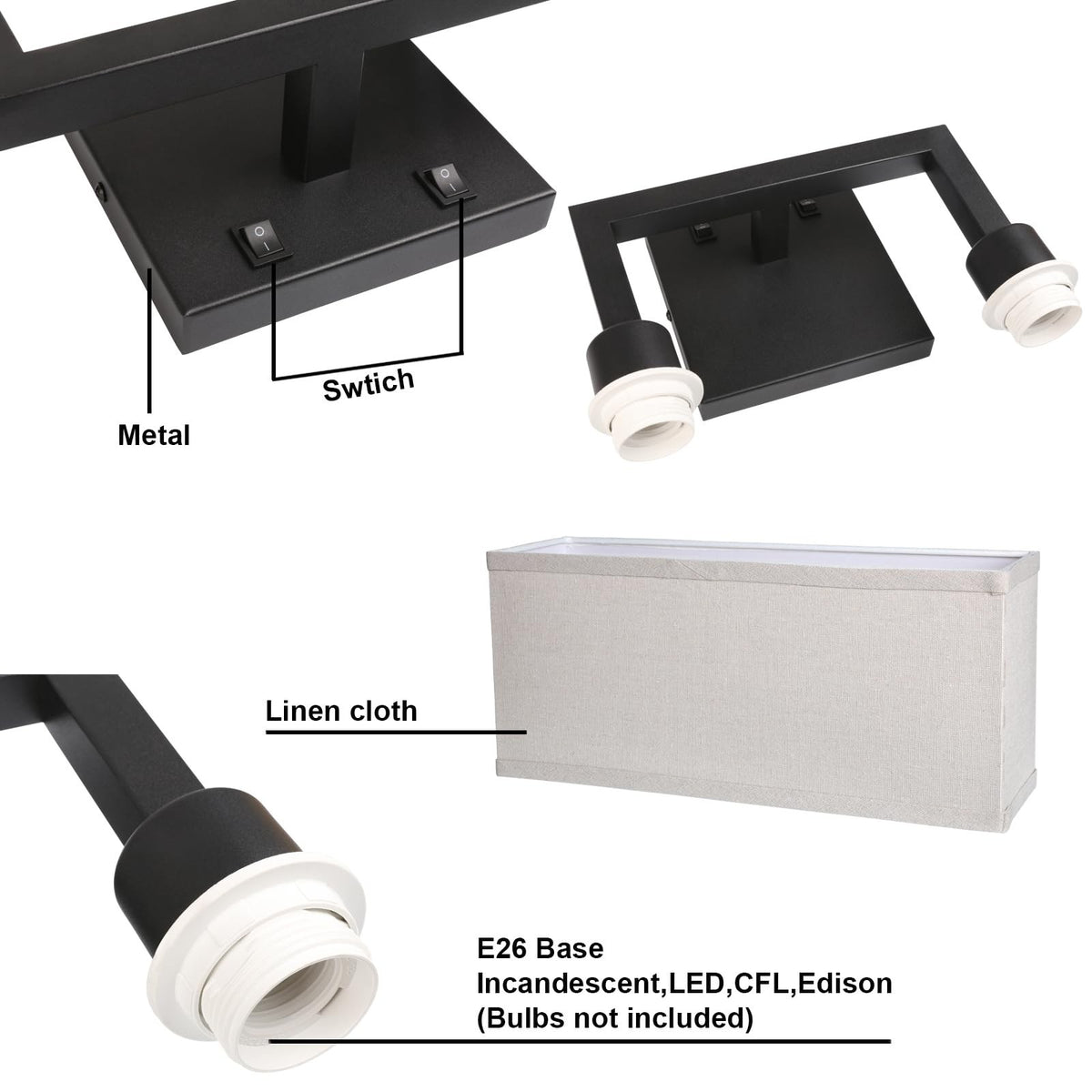 2-Light Linen Fabric Wall Sconce with On/Off Switch - Black Finish