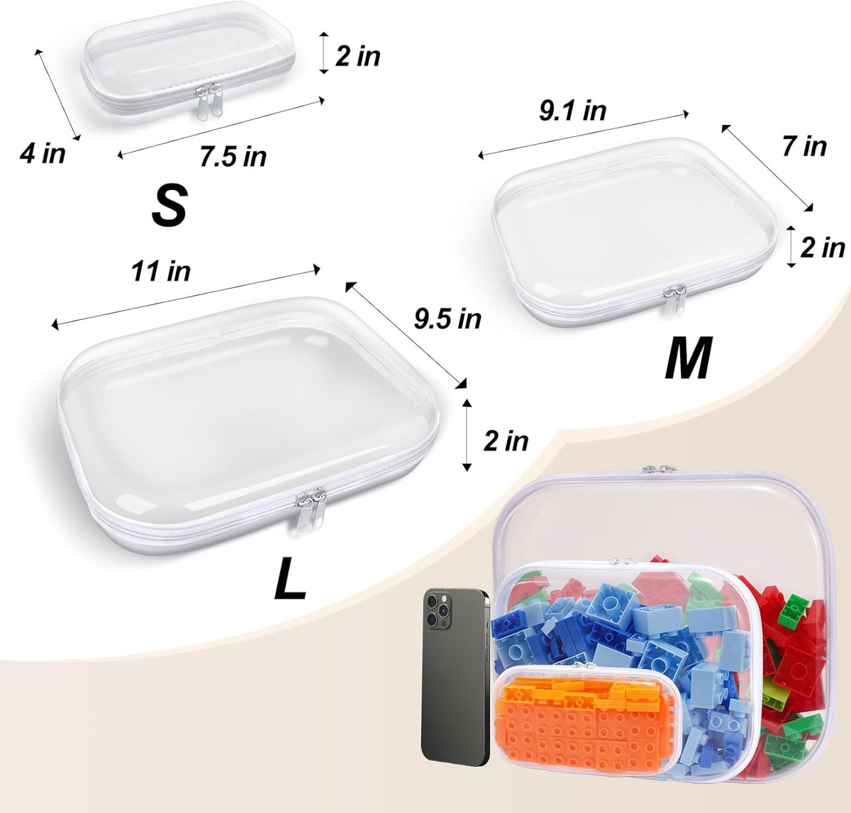 Clear Hard Plastic Zipper Storage Case Set - Portable Travel Organizer with 3 Pouches