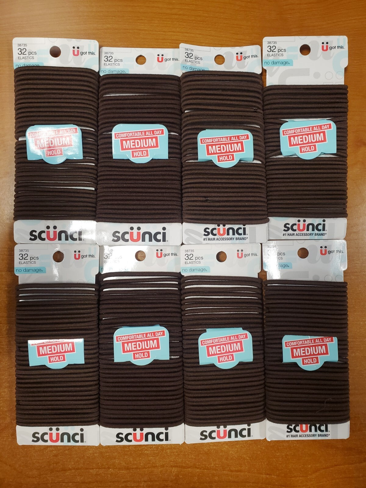 8 Packs of 32: Scunci No Damage Hair Elastics - Medium Hold Brown