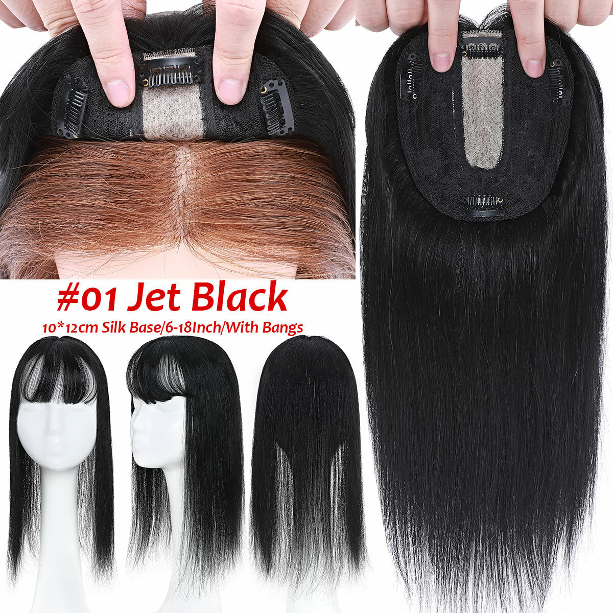 Remy Human Hair Topper with Bangs - Clip-In Hairpiece for Thinning Hair