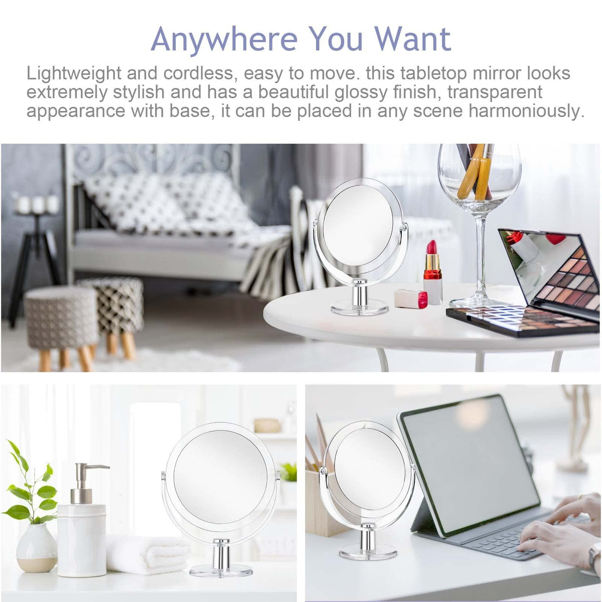 Double-Sided Makeup Mirror with 1X 15X Magnification, 360° Swivel, Portable 6.25"