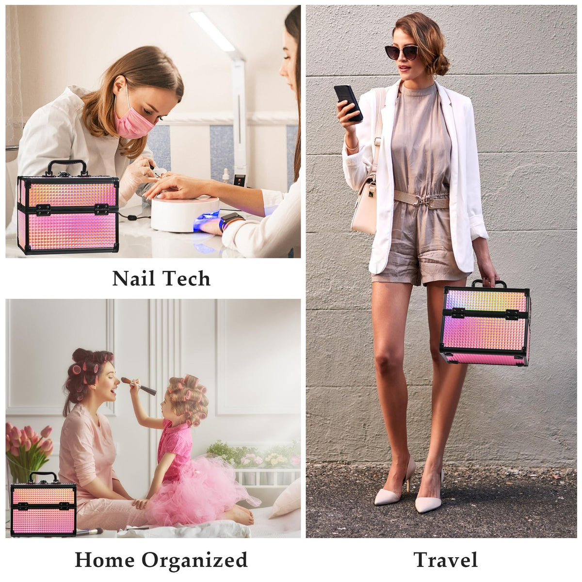 Portable Makeup Train Case with Mirror and Storage Compartments - Black Bright Pink