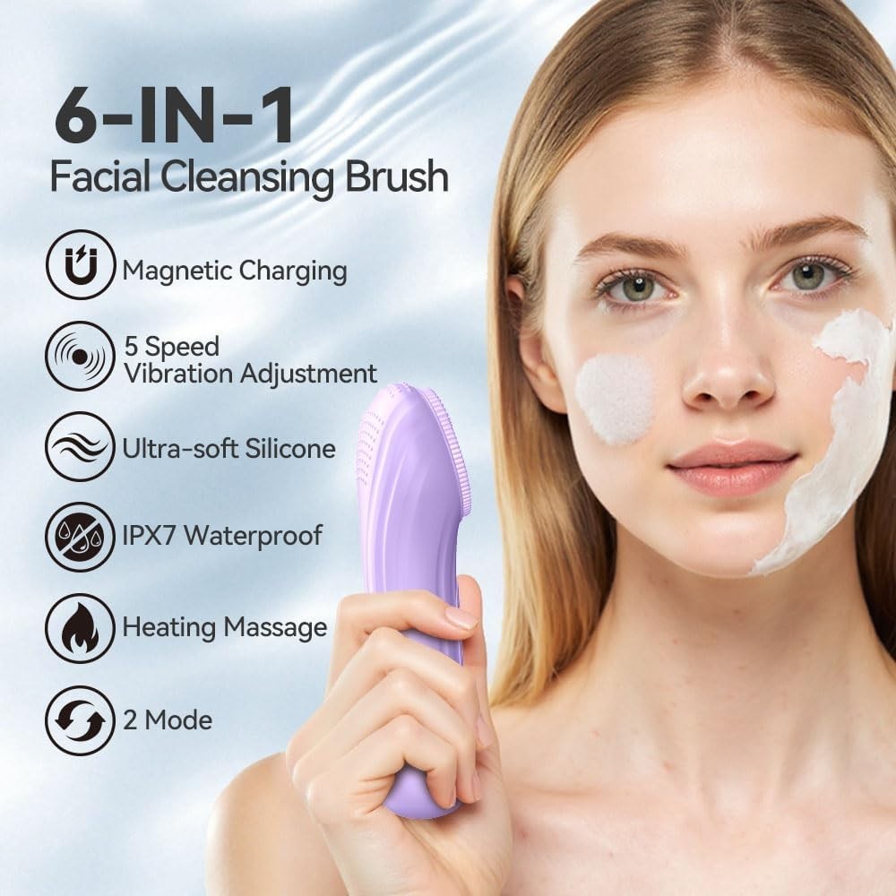 Electric Silicone Facial Cleansing Brush with Heating & Vibration – Waterproof Skin Care Tool