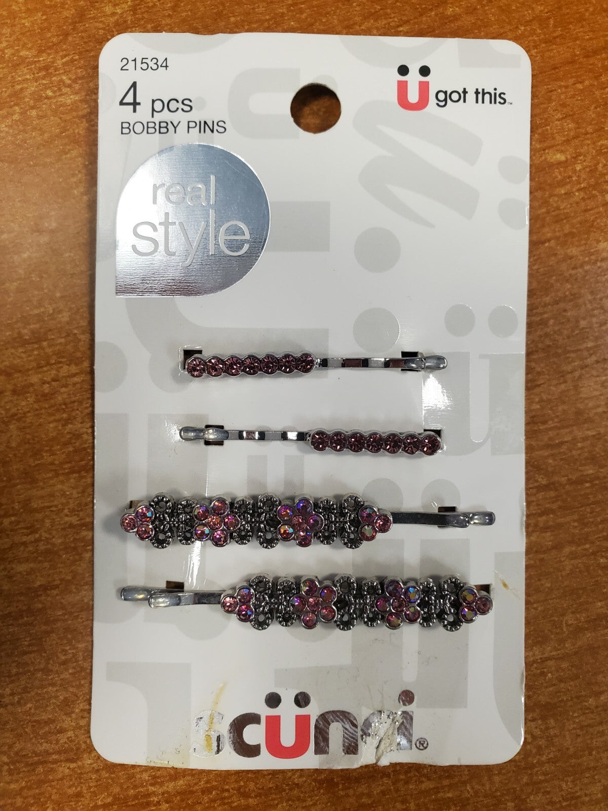 4 Pks of 4: Scunci Real Style Faux Pink Jewel & Silver Bobby Pins