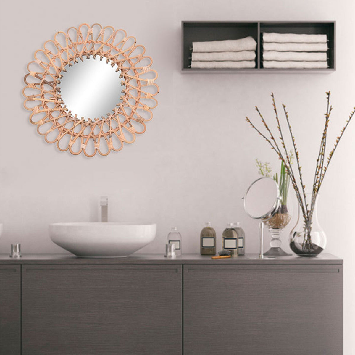 Nordic Style Rattan Wall Mirror - Space Saving Bathroom & Living Room Decor