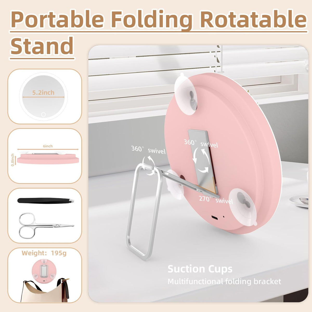 Lighted 6-Inch Magnifying Makeup Mirror with Suction Cups & Table Stand - 30X Zoom, Dimmable LED, Rechargeable for Travel & Home