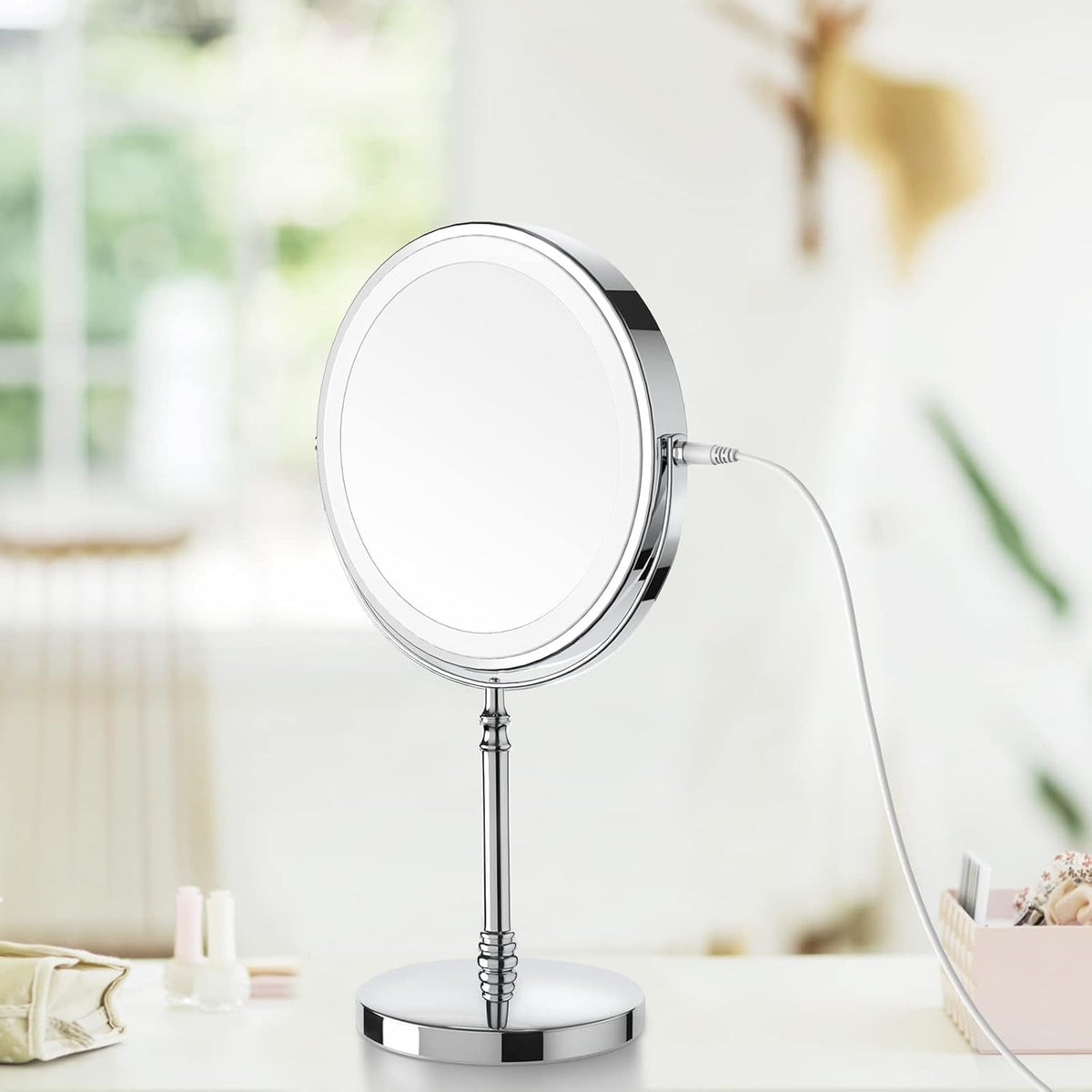 Rechargeable Double-Sided LED Makeup Mirror with 10X Magnification and 3 Color Lights