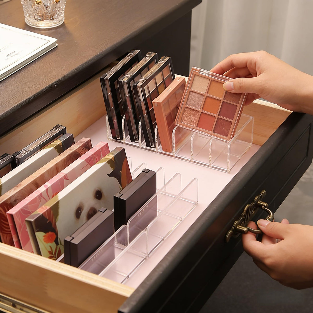 Acrylic Makeup Palette Organizer Set with 7 Compartments - Clear, Large & Small Sizes
