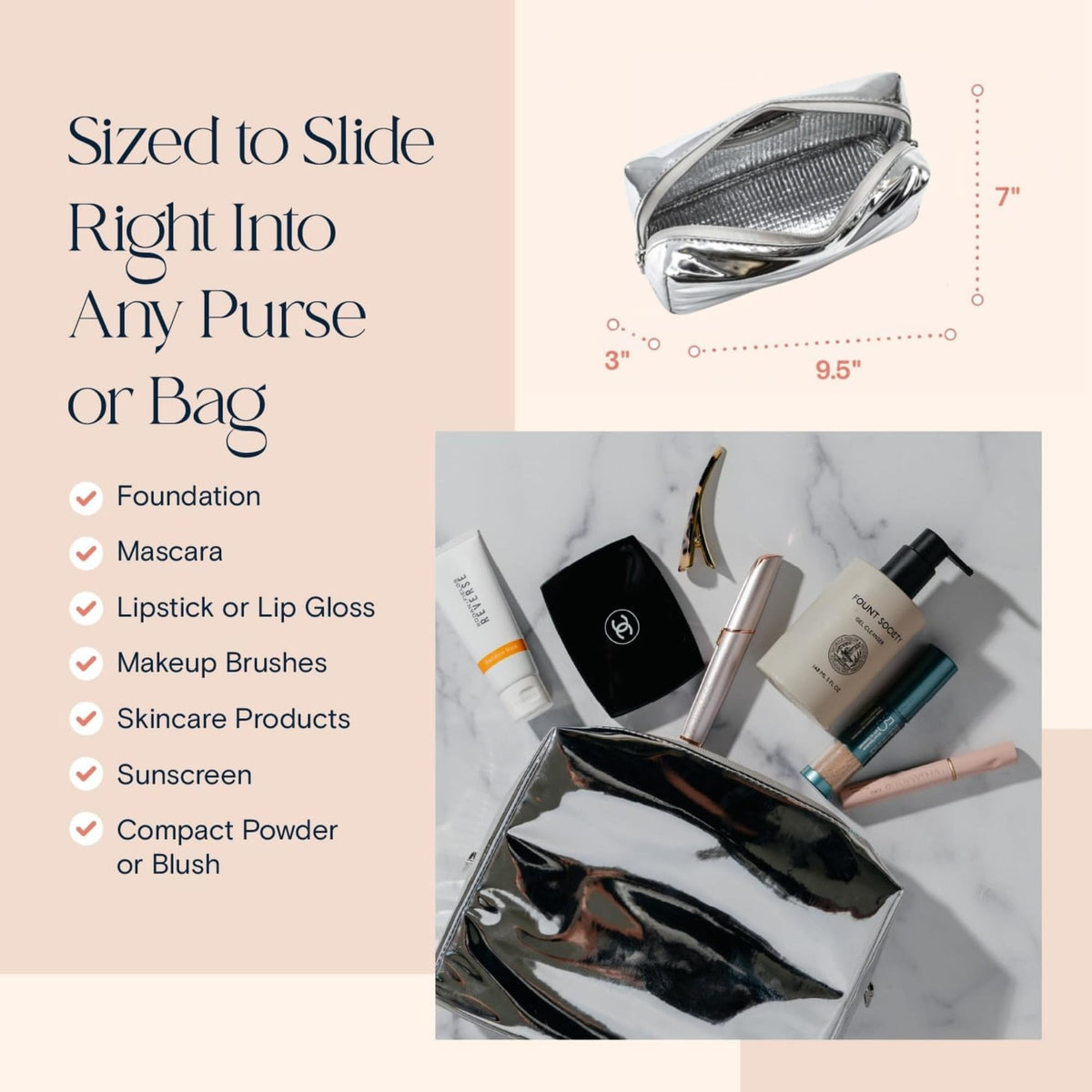 Insulated Makeup Bag - Medium Metallic Silver Waterproof Travel Organizer