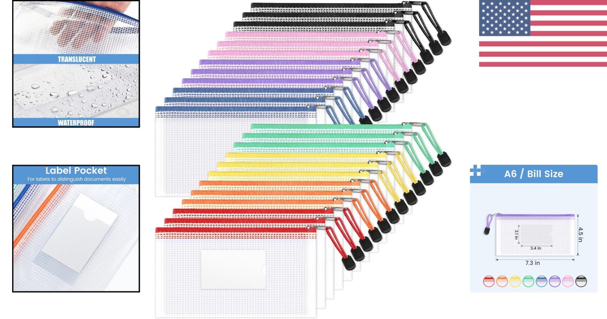 Clear Mesh Pouch Bags 24-Pack with Label Pocket for Travel & Classroom Organization