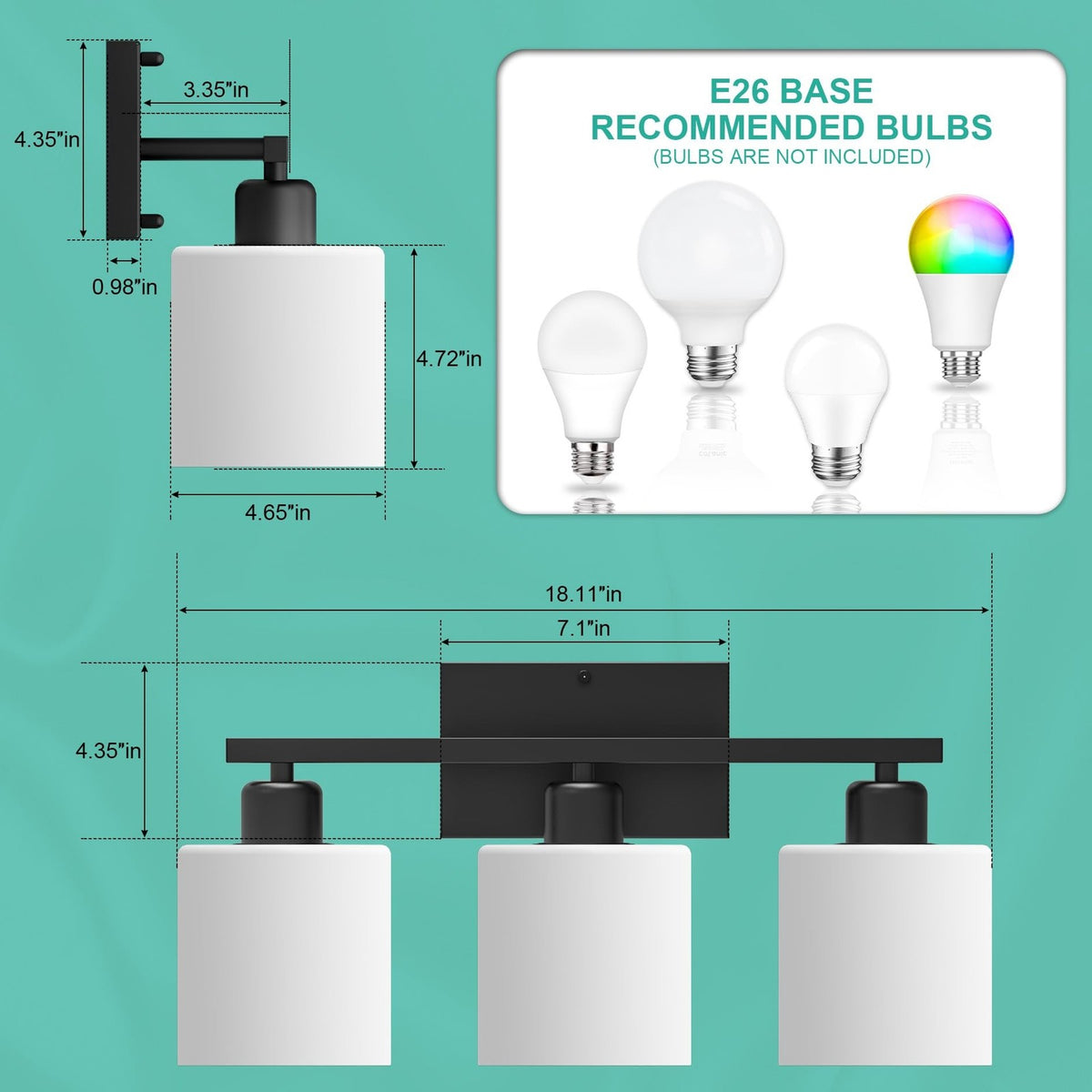 Black Bathroom Wall Light Fixtures with Milky White Glass Shades - Modern Vanity Sconce, Rustproof 3-Light