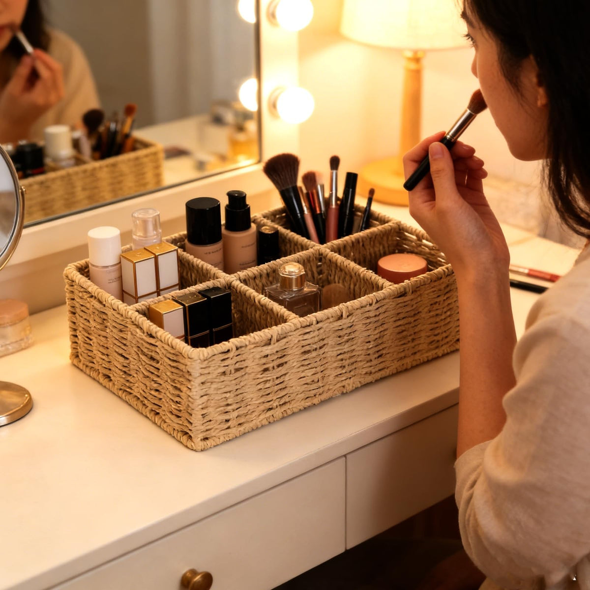 Wicker Makeup Organizer with 6 Compartments - Hand-Woven Vanity Storage Basket