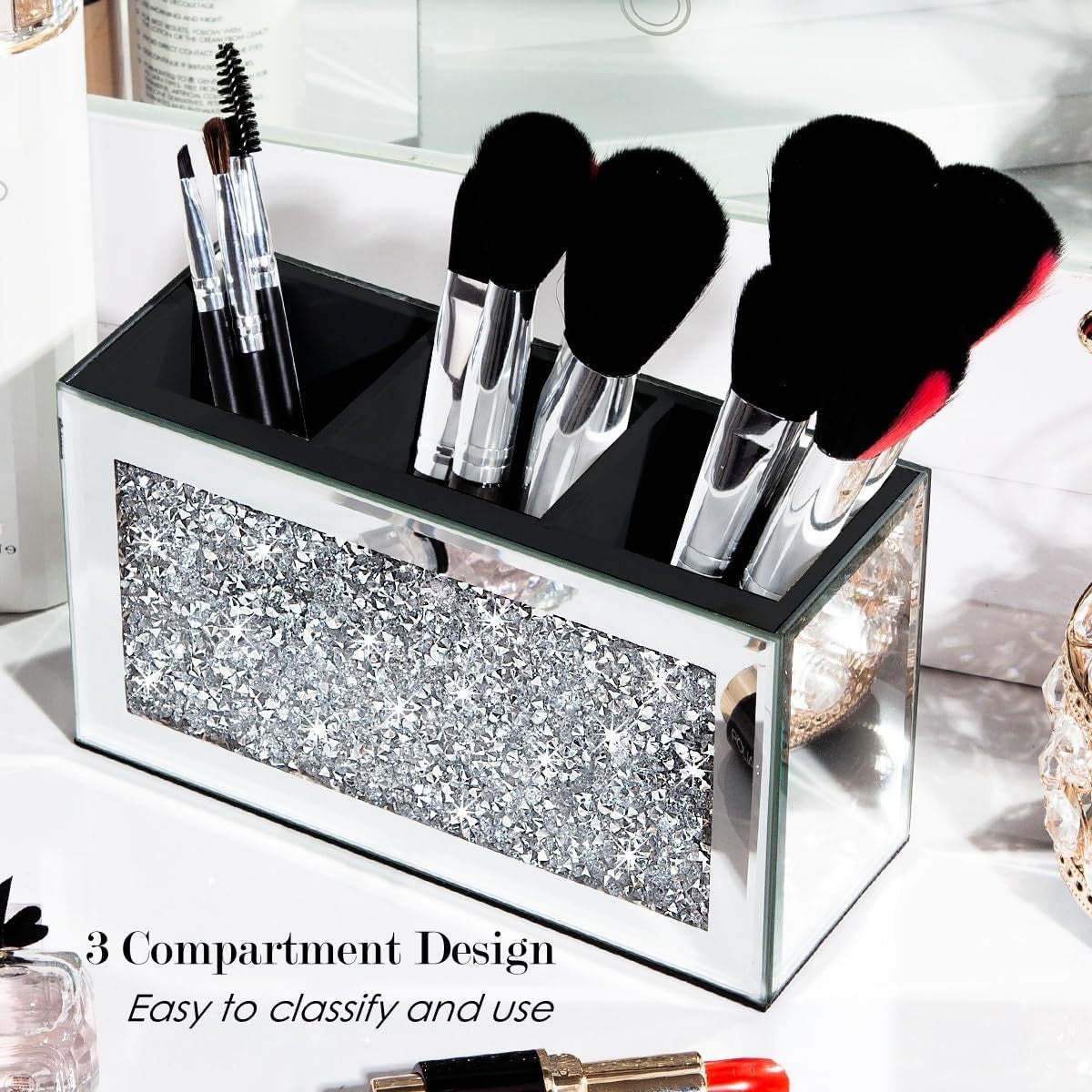 Mirrored Makeup Brush Holder Organizer with Crushed Diamond - 3 Slots