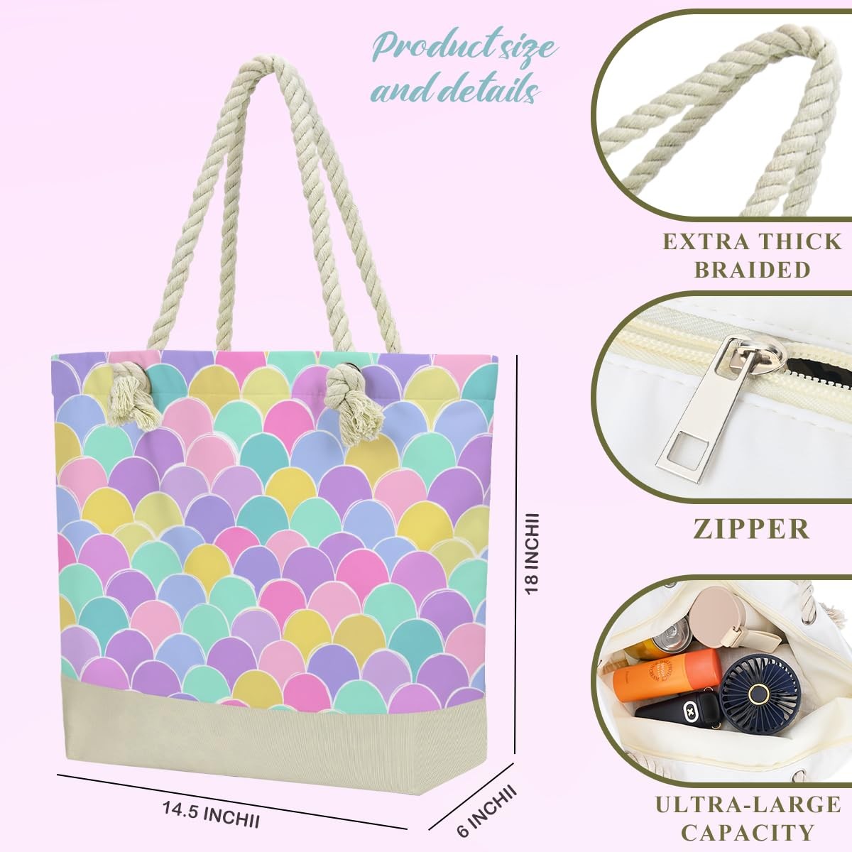 Waterproof Beach Tote Bag with Wet Cosmetic Bag - Colorful Scallop Design