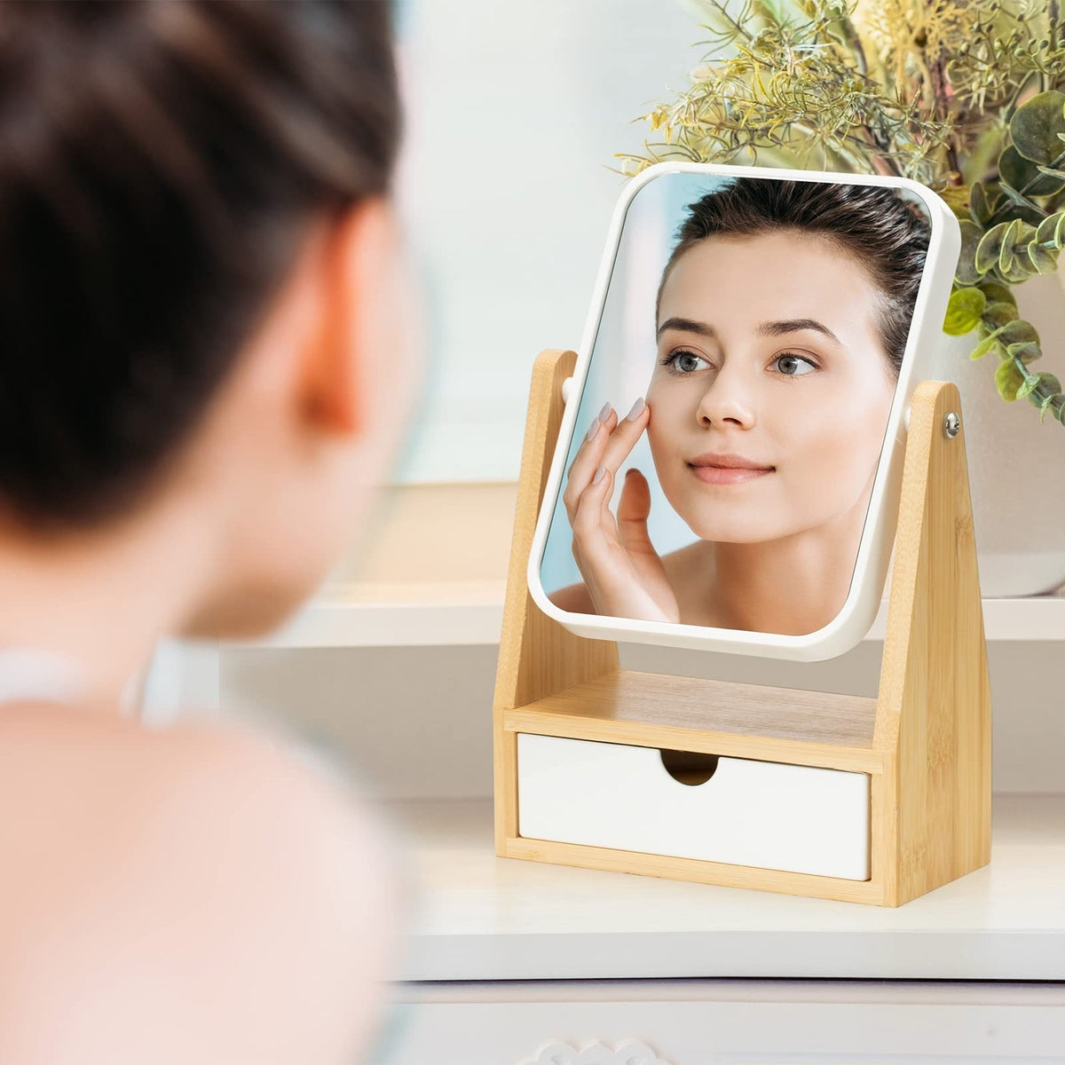 Double Sided Makeup Mirror with Storage, 3X Magnification, Adjustable Bamboo Stand