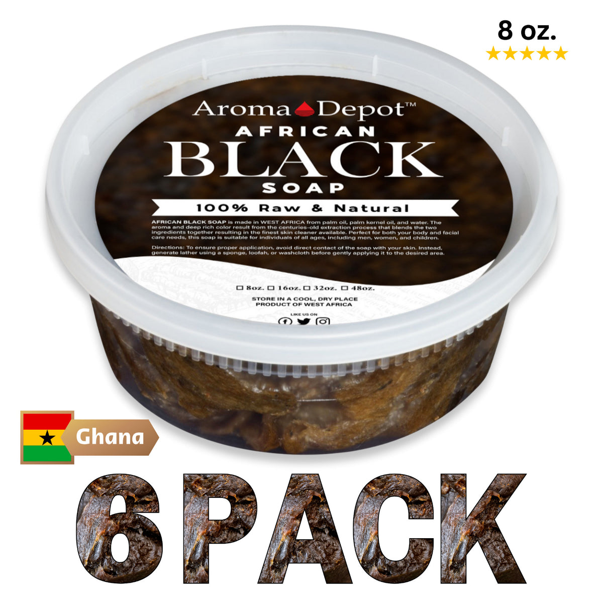 African Black Soap Paste 8oz - Natural Face Body Hair Wash, 6 Pack