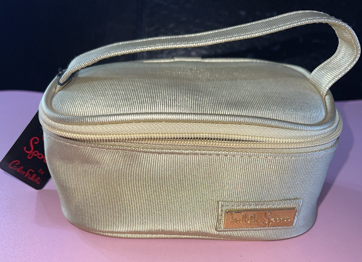 Vintage Gold Tone Top Handle Makeup Bag - Lined, Full Zip, New