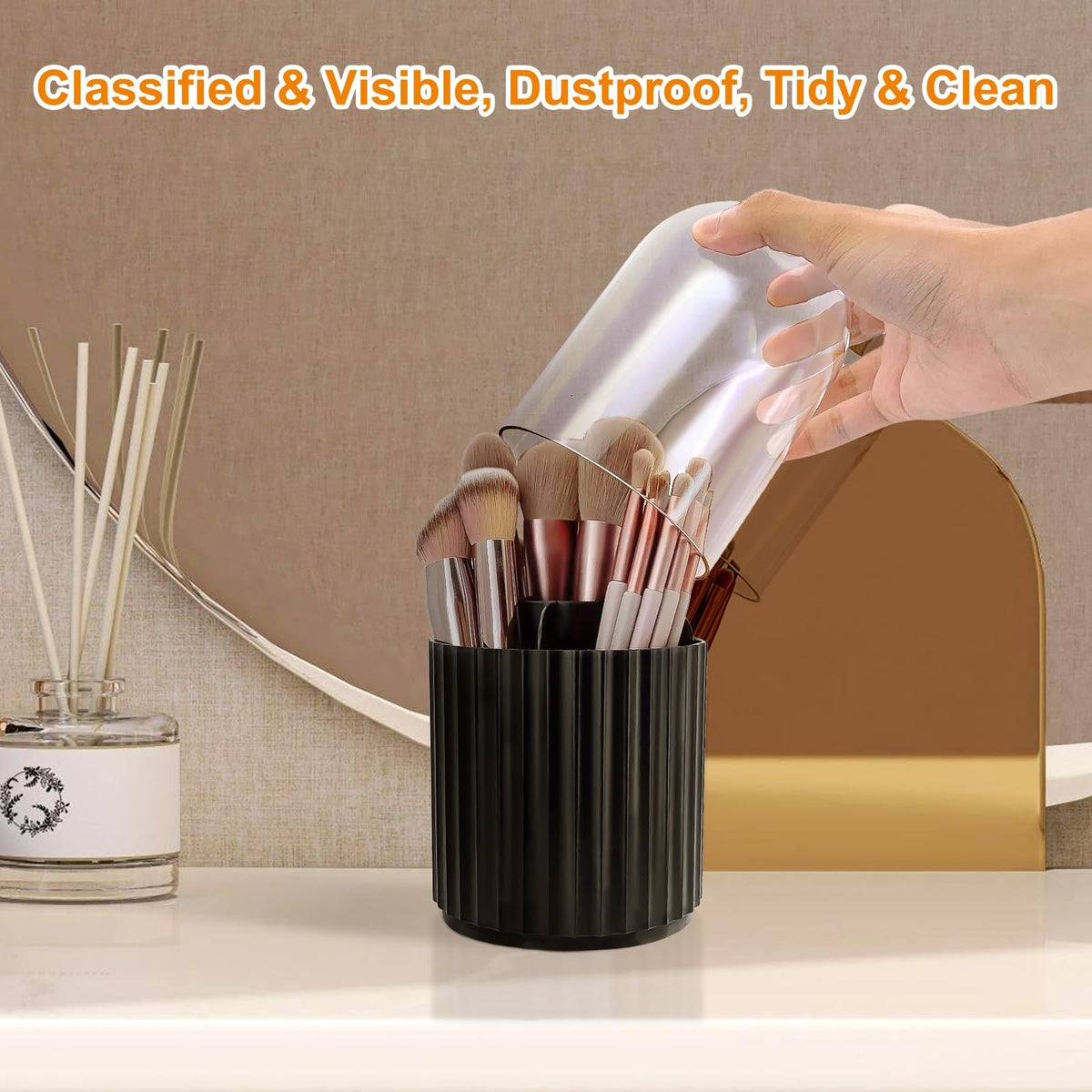 Rotating Makeup Brush Holder Organizer with Dustproof Lid 5 Slots