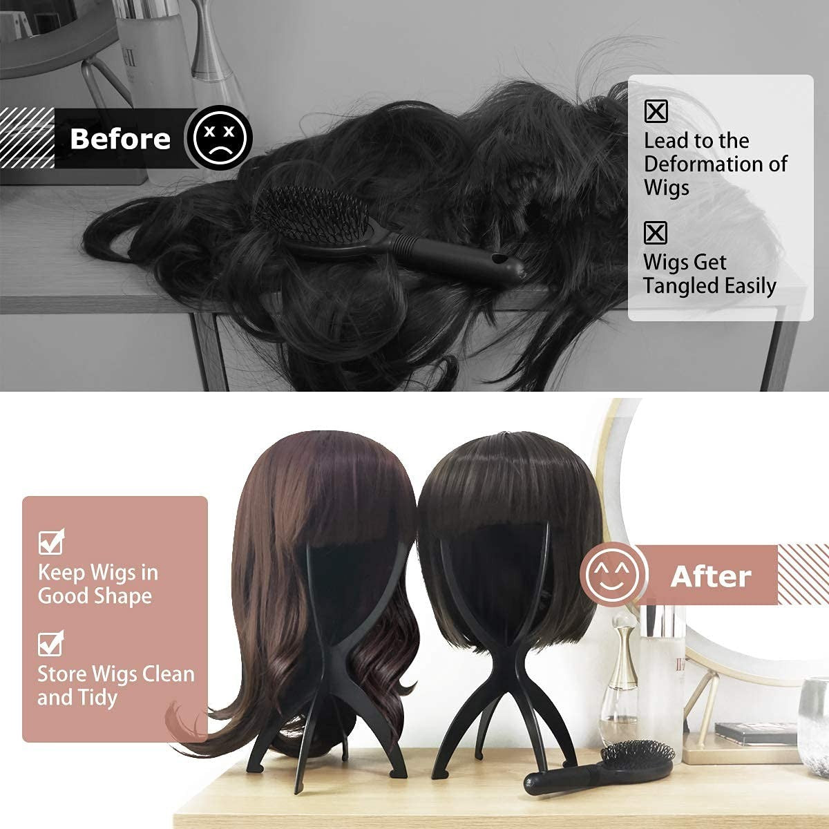 Travel Wig Stand Set - Foldable Black Wig Display & Storage Organizer