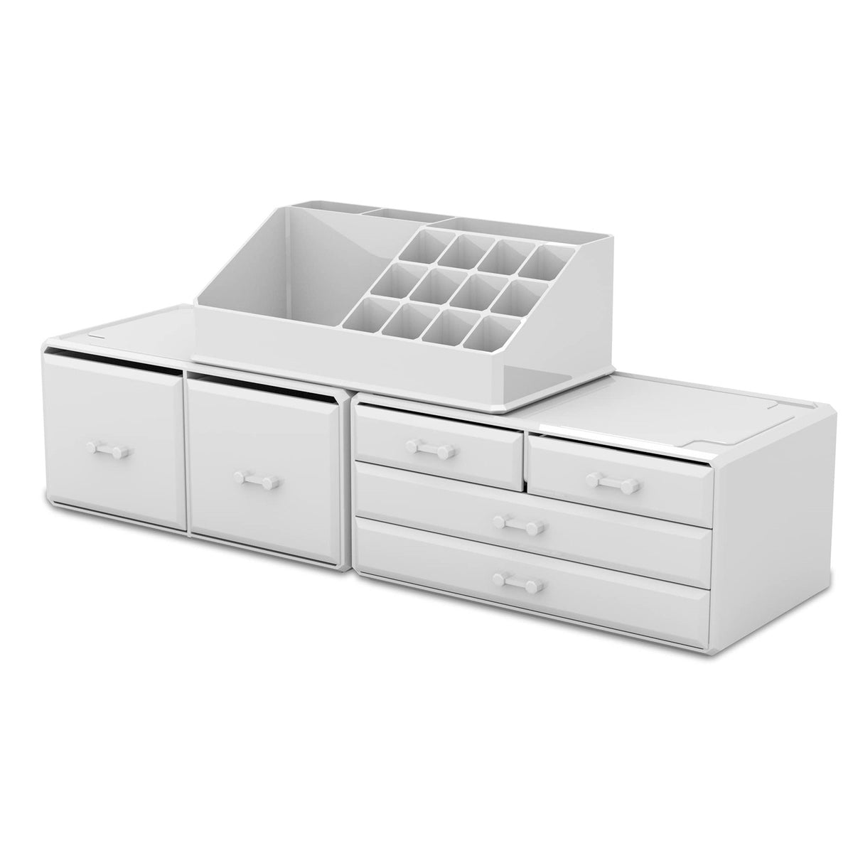 White Makeup Organizer with 6 Drawers and Compartments - 3-Piece Storage Case