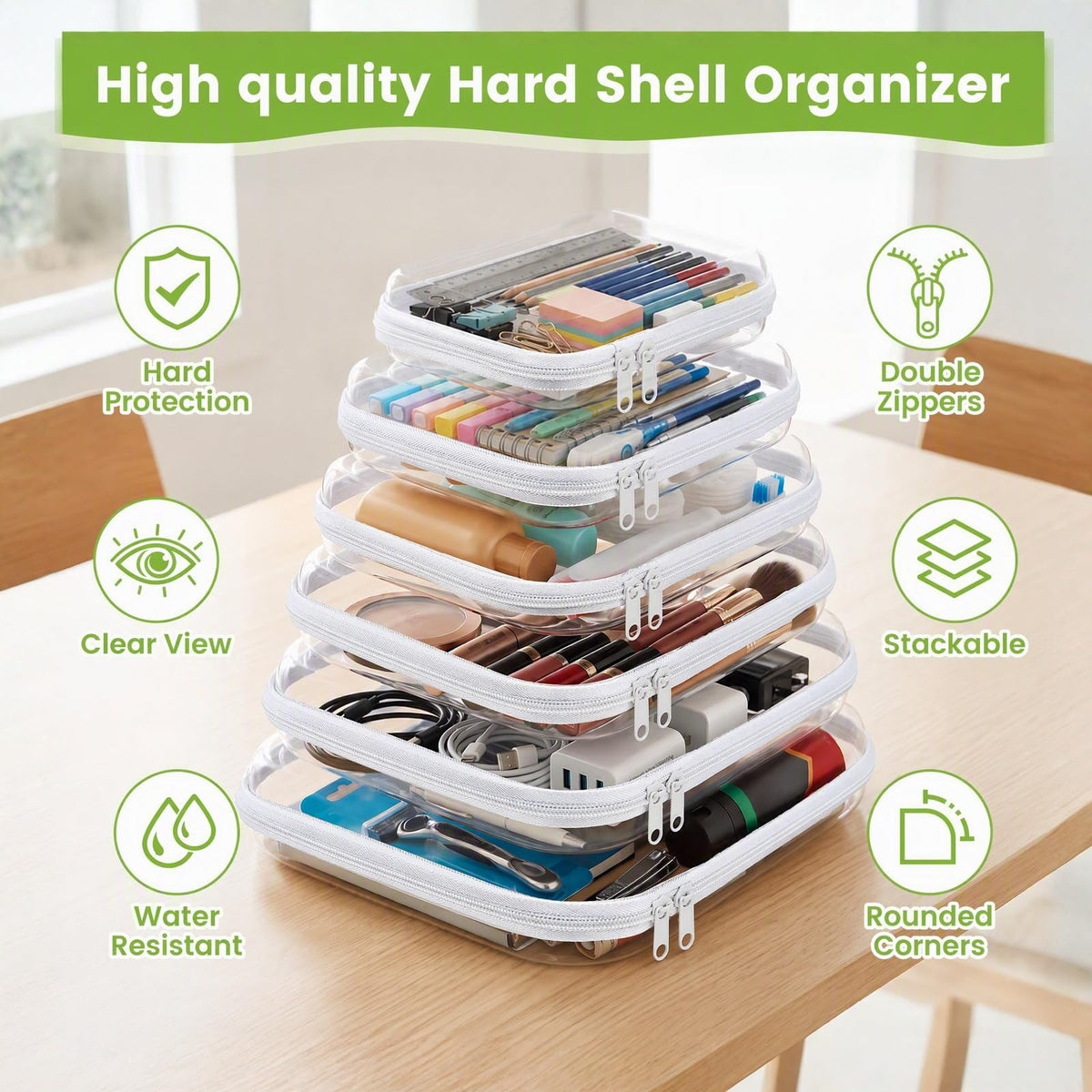 Clear Hard Shell Zipper Cases Set - Multi-Size Travel & Organizer Pouches