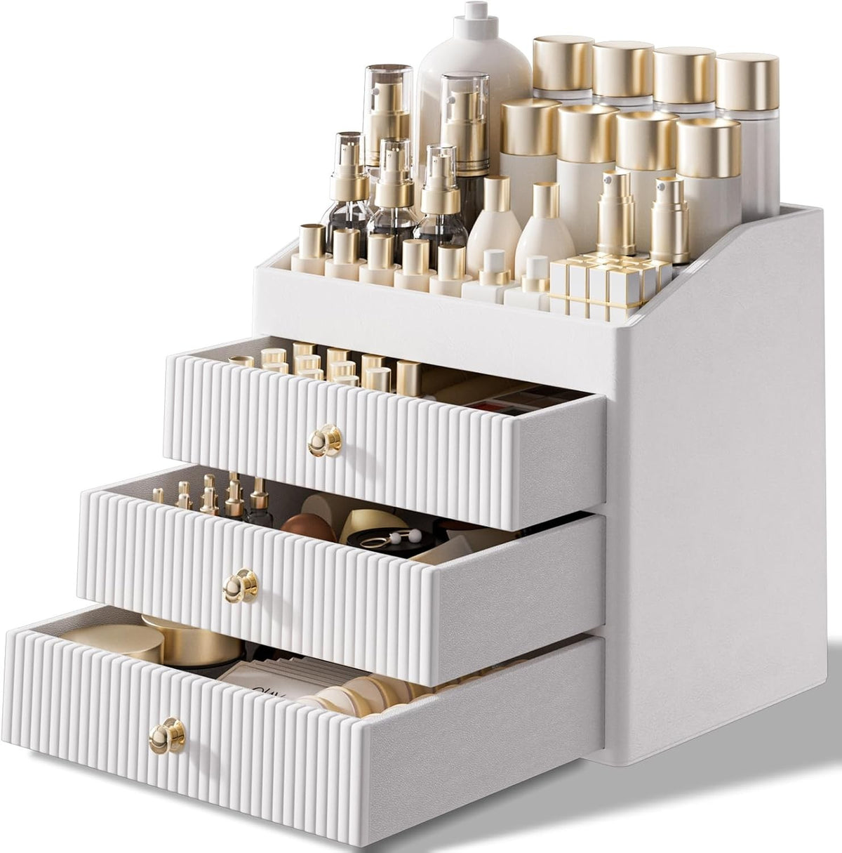 Luxury Skincare Organizer with 3-Tier Drawers - Beige & White Large Vanity Storage