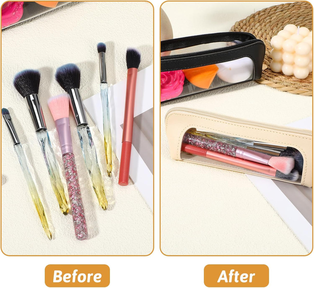 2Pcs Clear Makeup Brush Bag - Portable Transparent Cosmetic Case with Leather Slim Design
