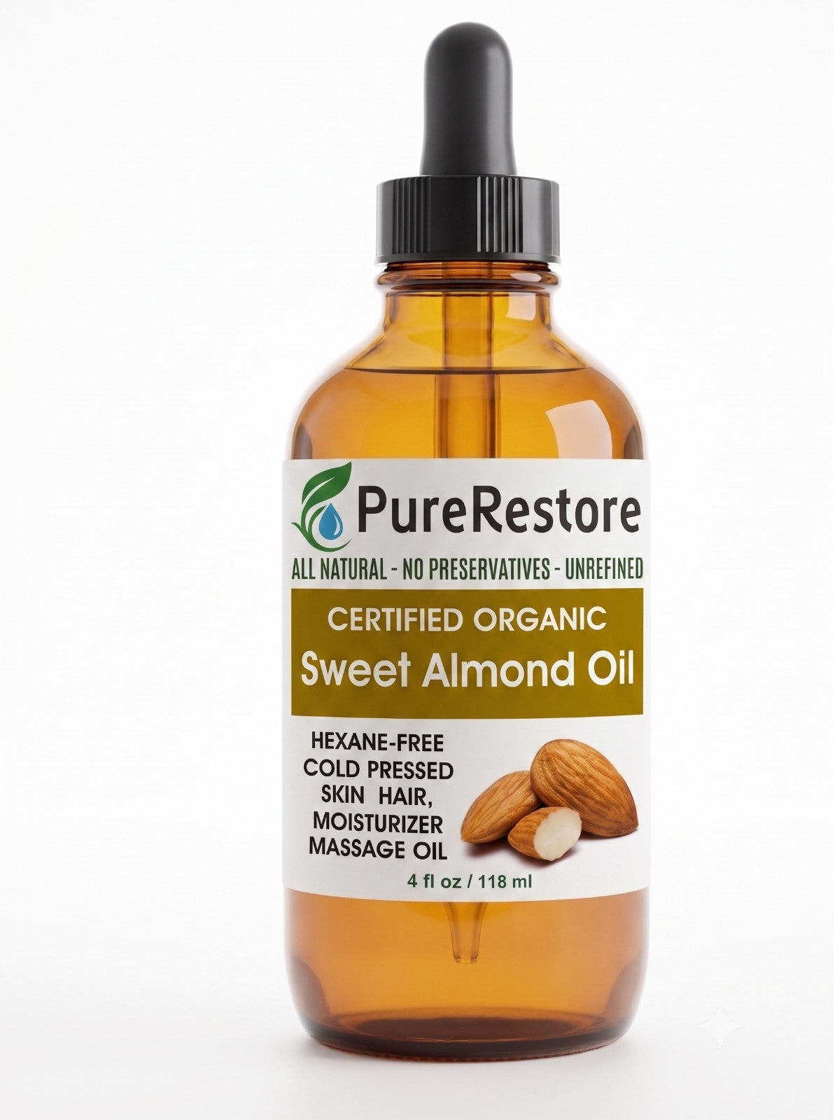 Organic Sweet Almond Oil - 100% Pure Cold-Pressed Body & Hair Oil