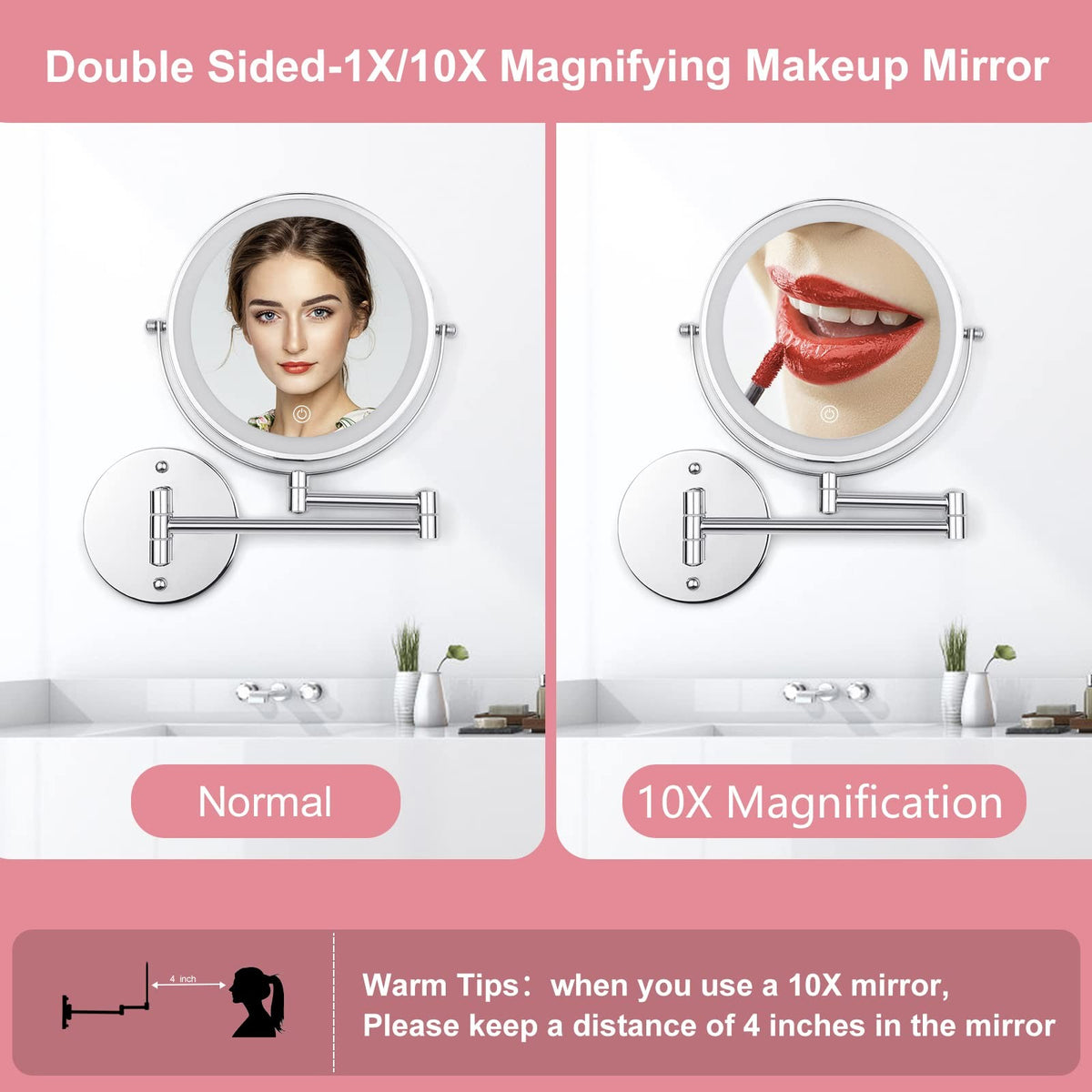 8-Inch LED Wall Mounted Makeup Mirror with 10X Magnification, Adjustable Brightness & 3 Color Modes