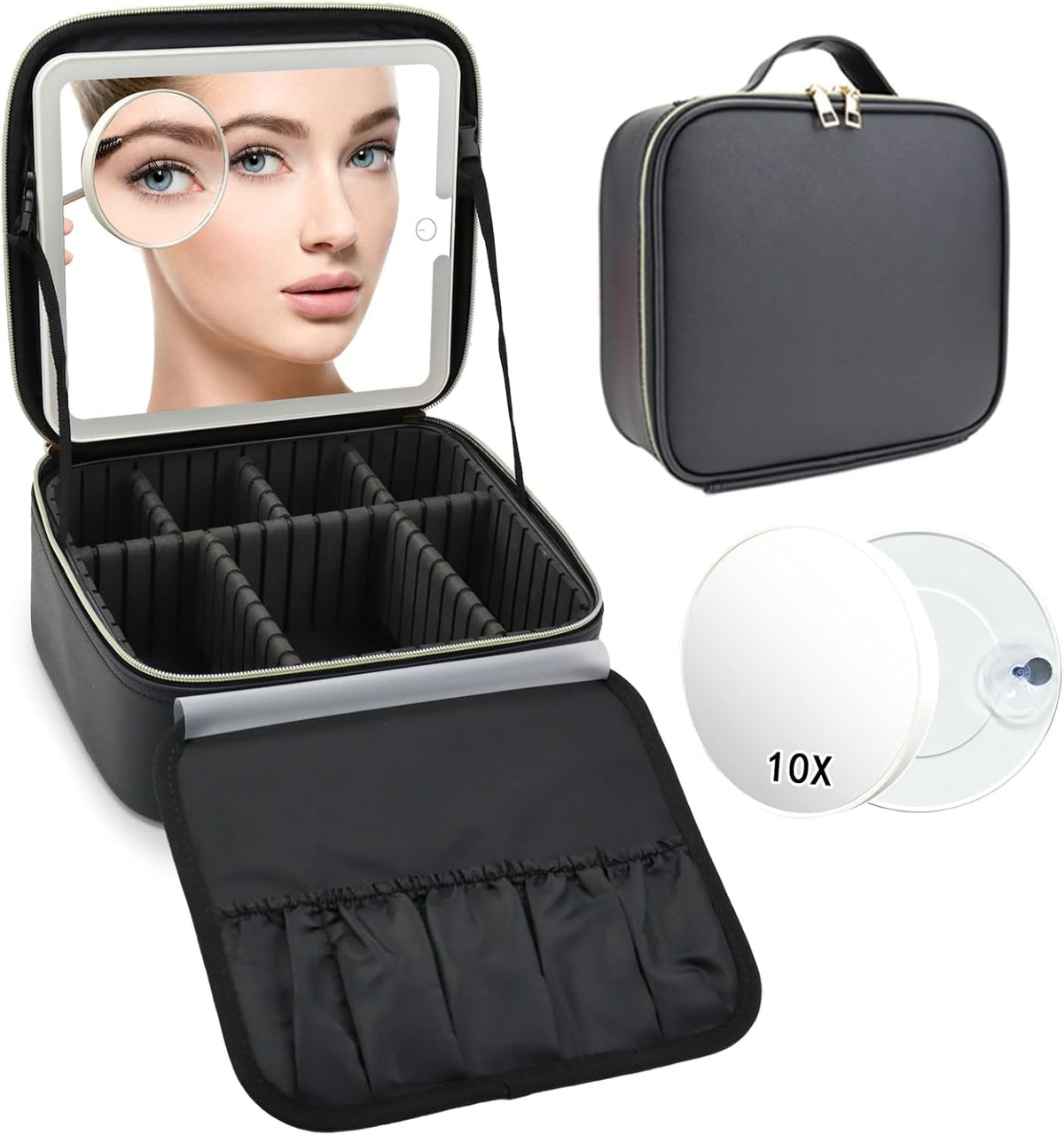 Travel Makeup Bag with LED Mirror and 10X Magnifying Glass - Portable Organizer