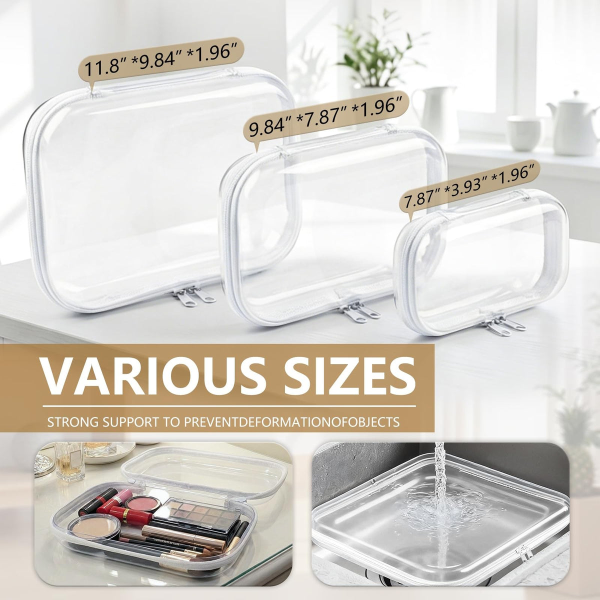 Clear Hard Shell Zipper Organizer Cases Set - Multi-Size Storage Kit