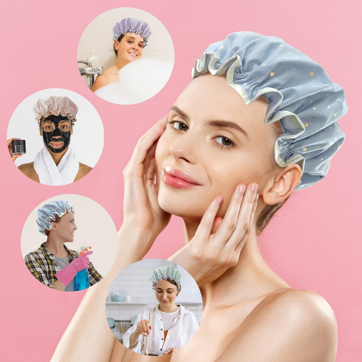 1 Pack Shower Caps, Elastic and Reusable Bonnet, Double Waterproof