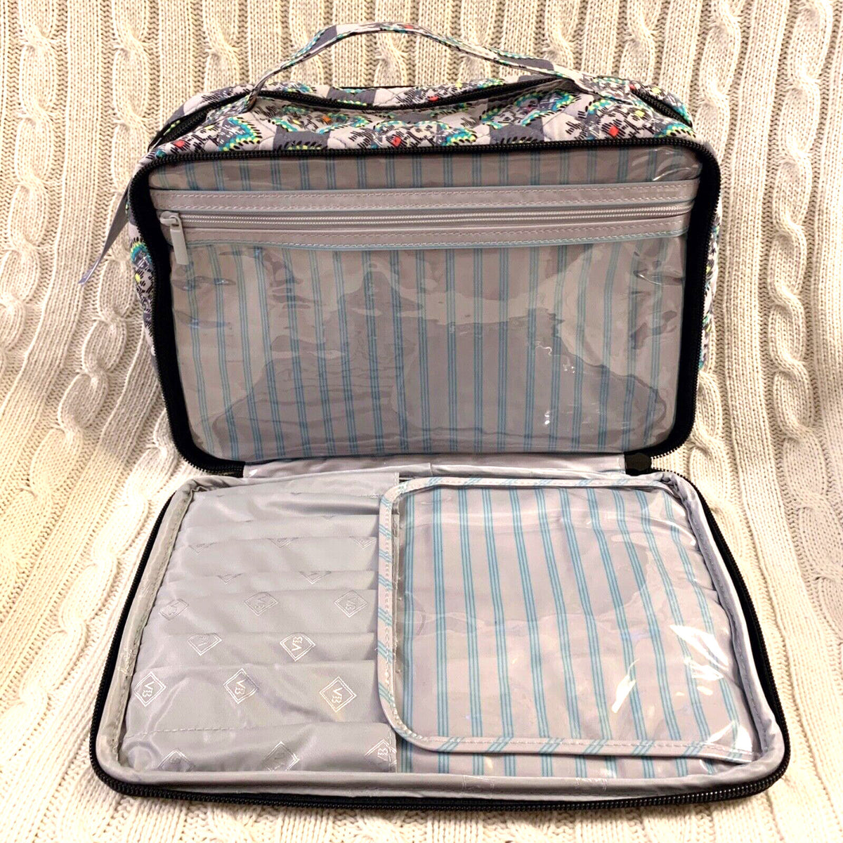 Large Travel Makeup Case with Brush Slots - Paisley Stripes Pattern