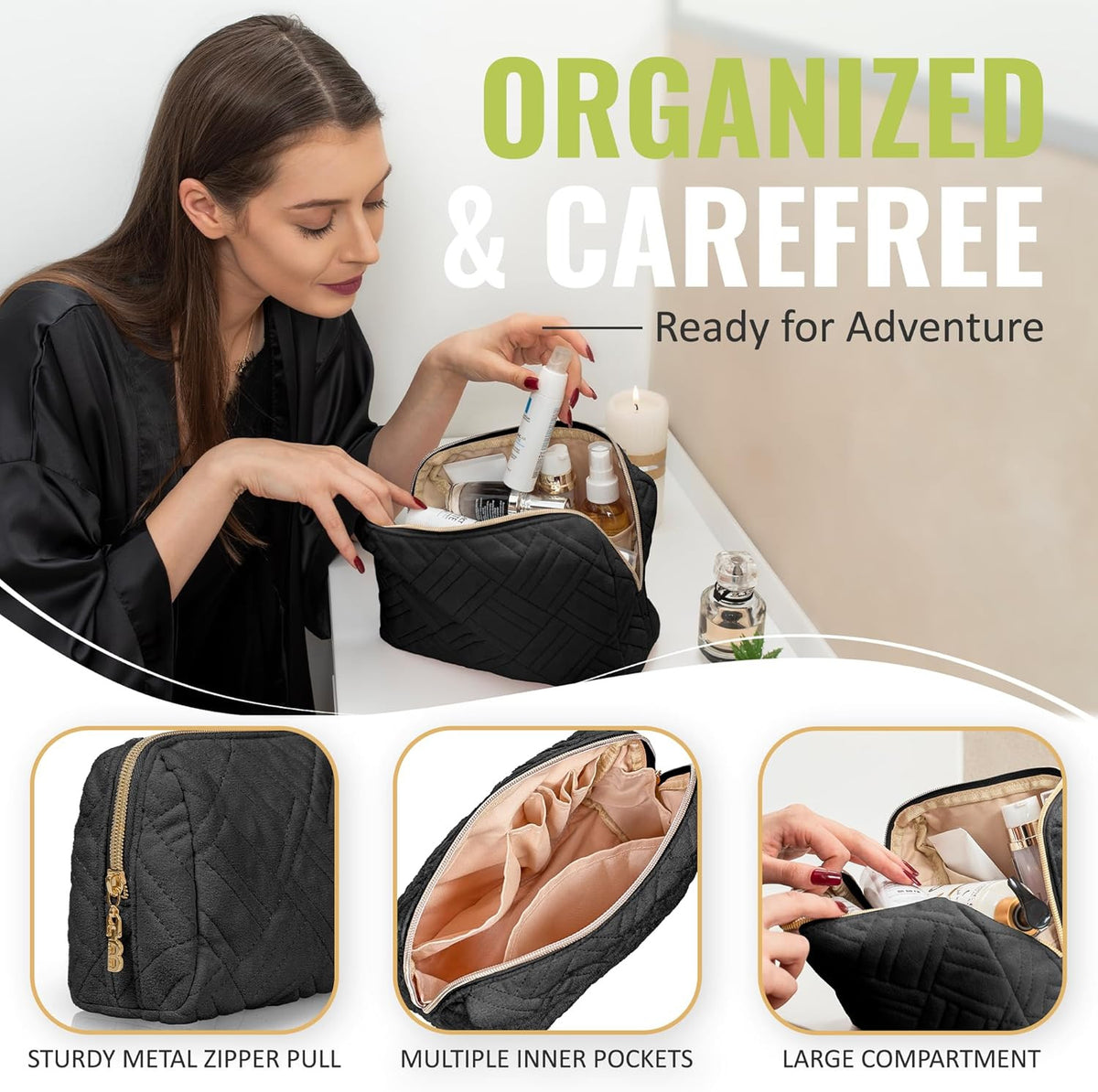 Large Travel Makeup Bag with Water-Resistant Compartments for Women
