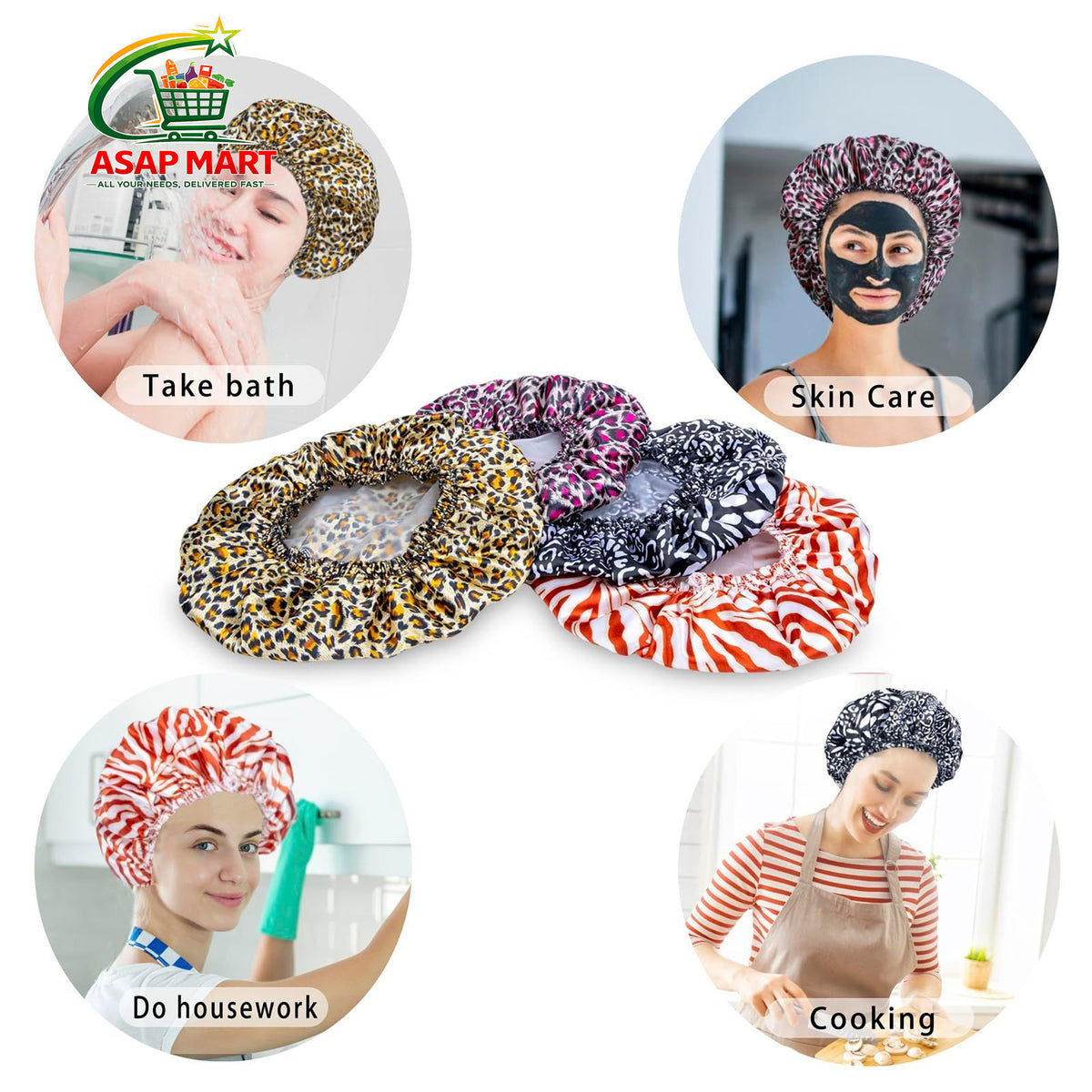4 PCS Shower Caps for Women, Elastic General Size, Printed Color