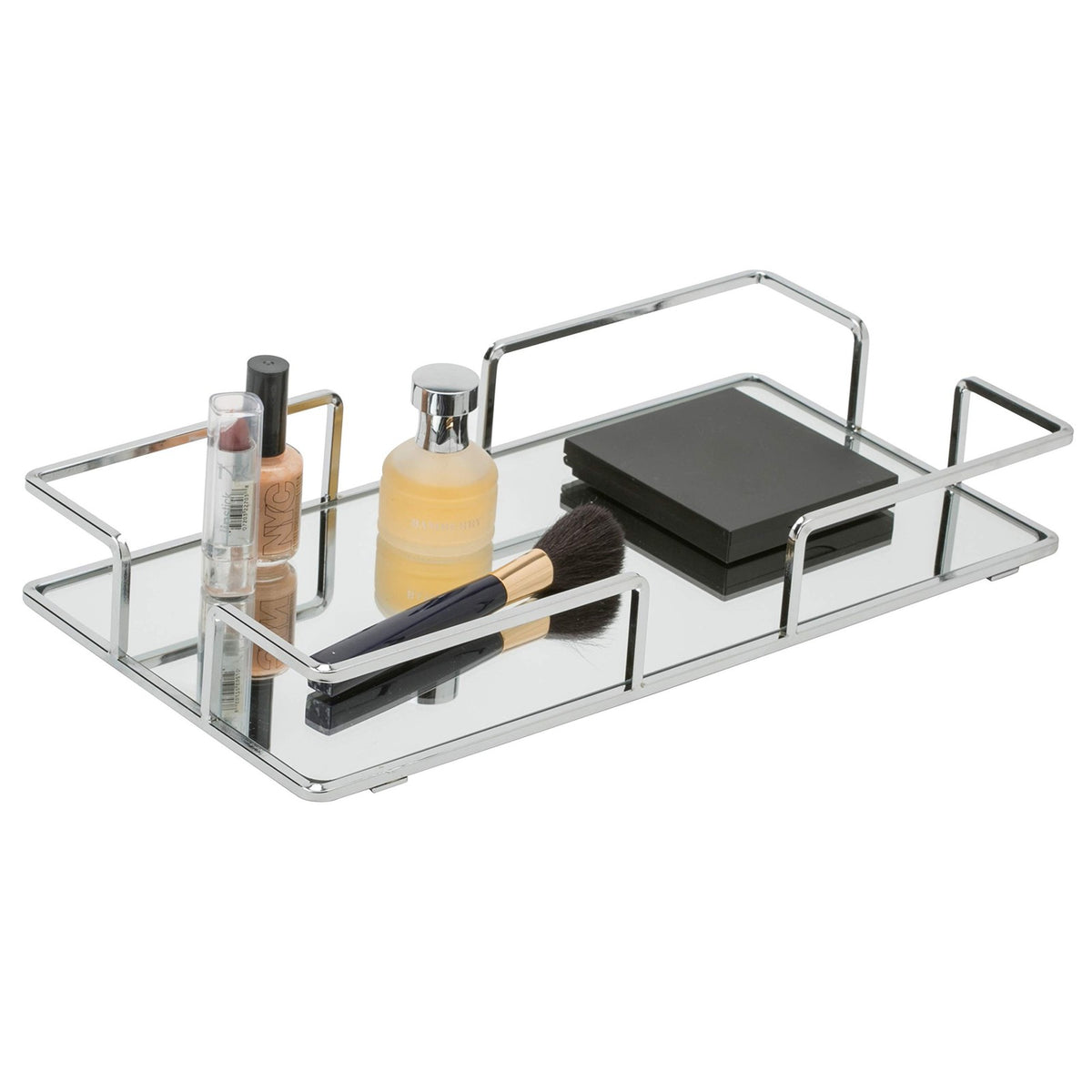 Modern Rectangular Mirror Vanity Tray Chrome Organizer for Cosmetics & Jewelry