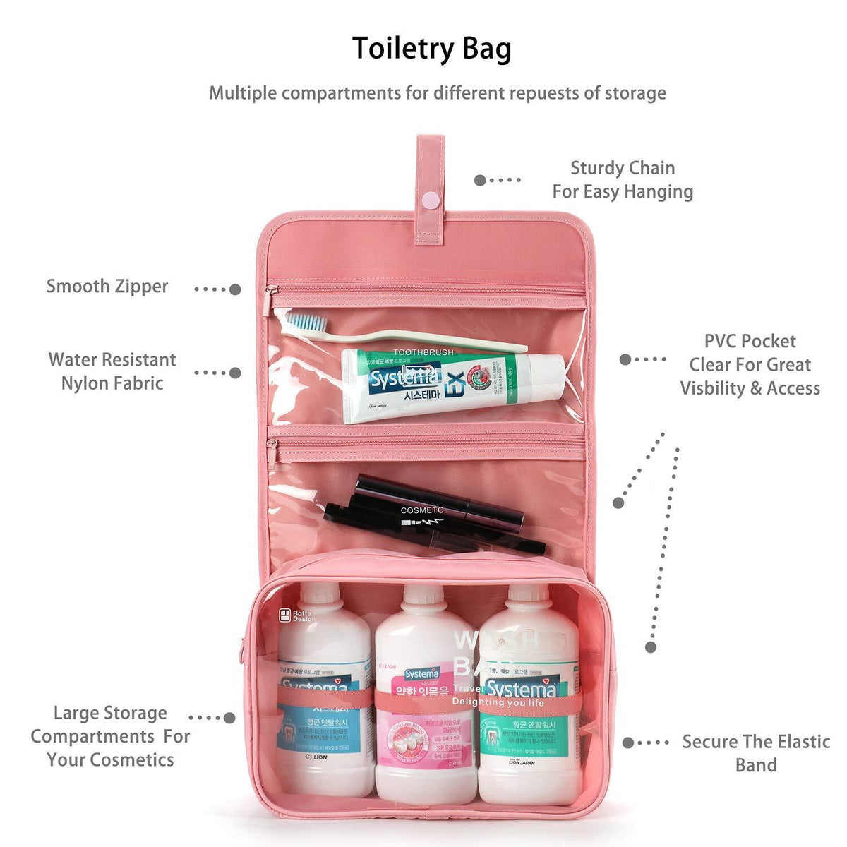 Hanging Toiletry Bag Waterproof Travel Cosmetic Organizer in Pink