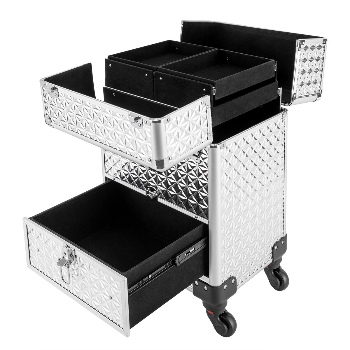 Rolling Makeup Train Case with 7 Compartments and 4 Wheels Cosmetic Storage Trolley