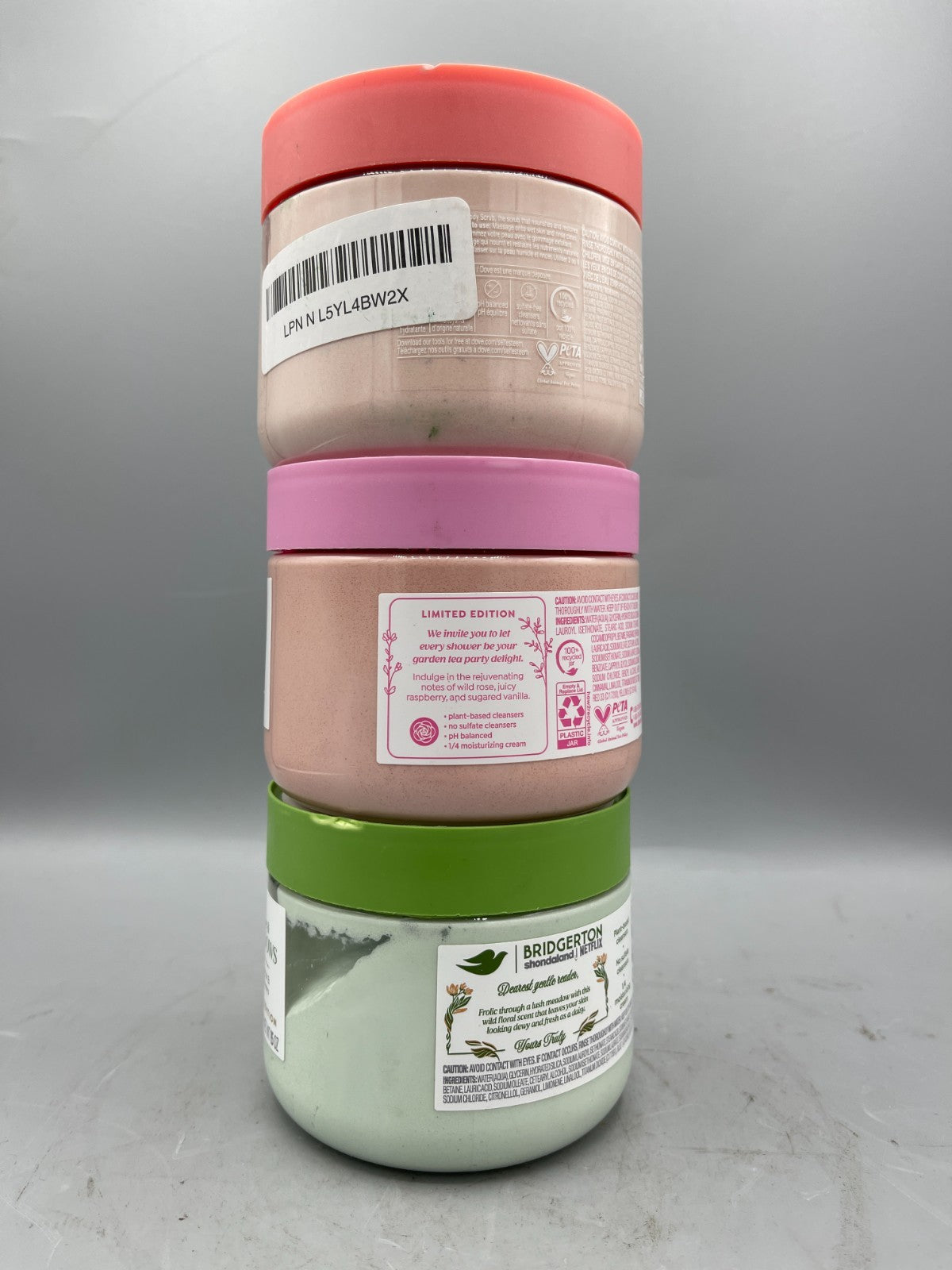 Lot Of 3 Dove Body Scrub 15 oz Each White Peach, Bergamot, Rose Berry