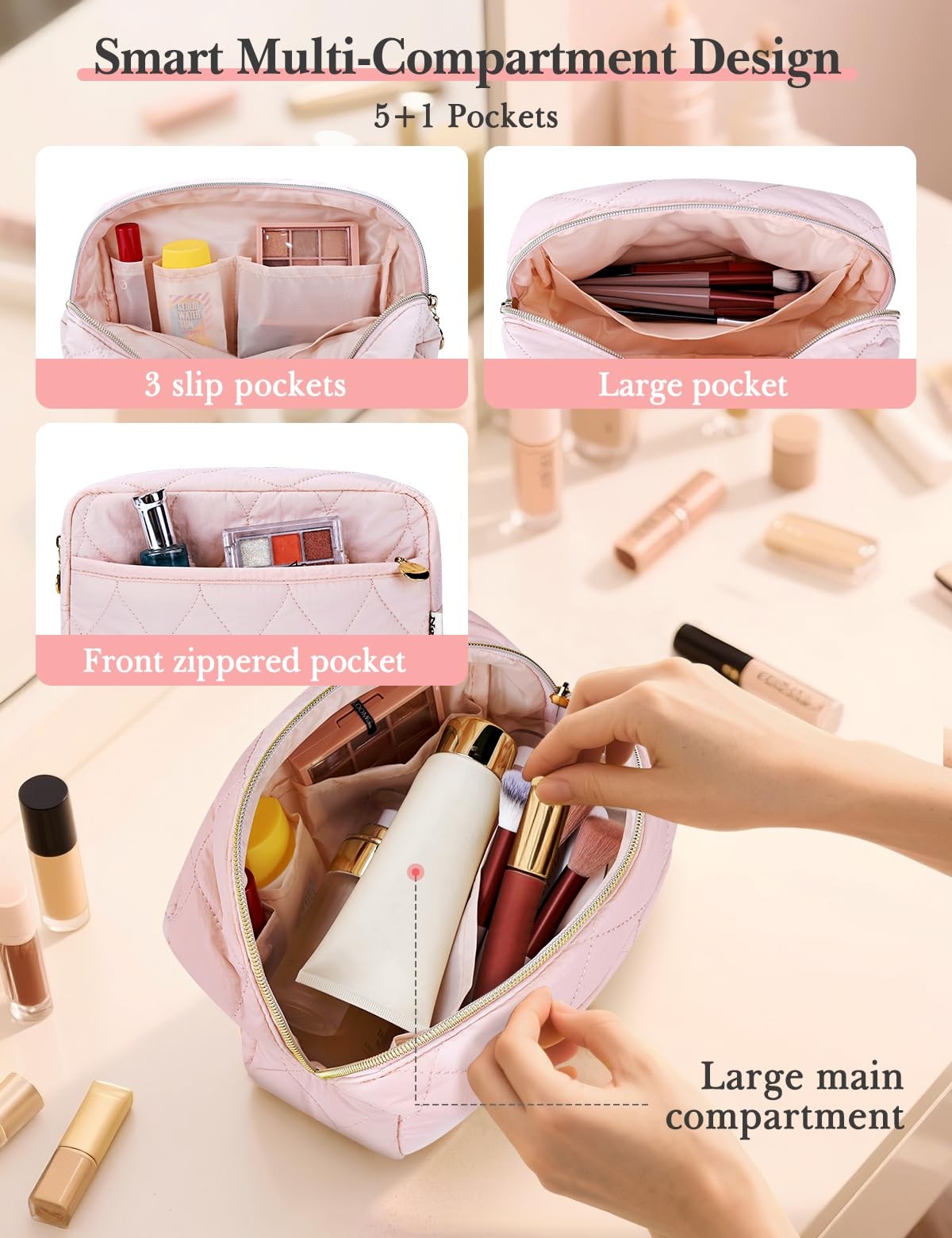 Travel Toiletry Bag with Padded Compartments - Pink, 8.6x3.5x5.8 Inches
